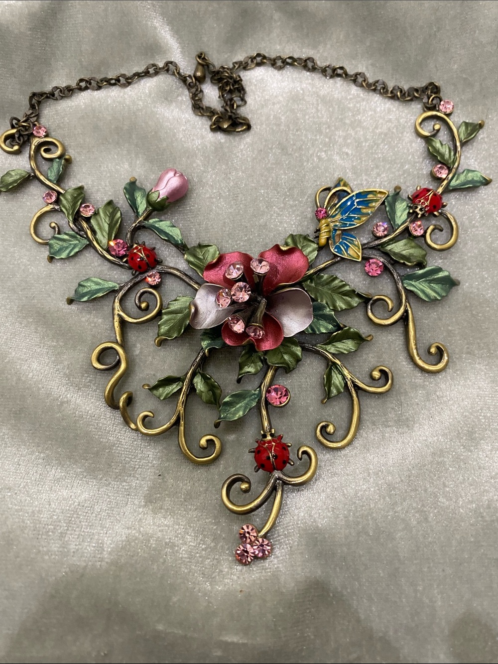 Floral Garden Statement Necklace with Pink Crystals and Enamel Butterfly